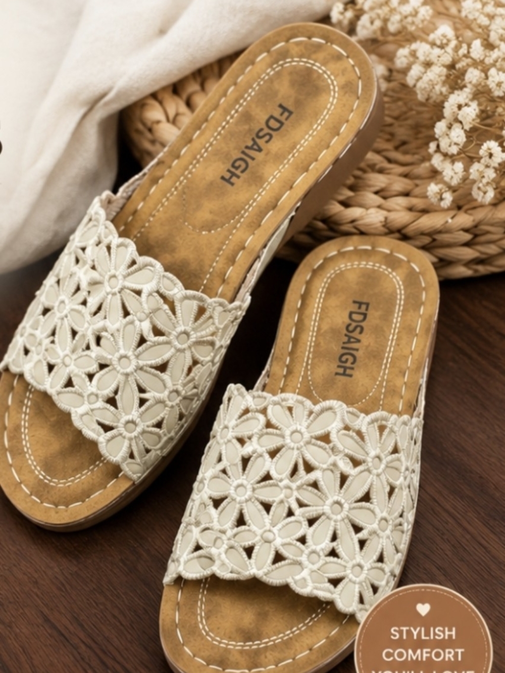 Womens Cream Crochet Slide Sandals